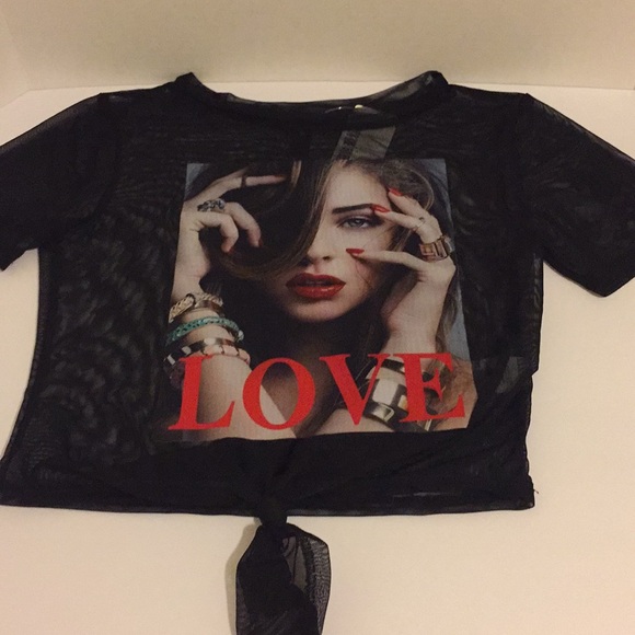 Sheer Black Crop Top with Screen Print - Picture 1 of 4